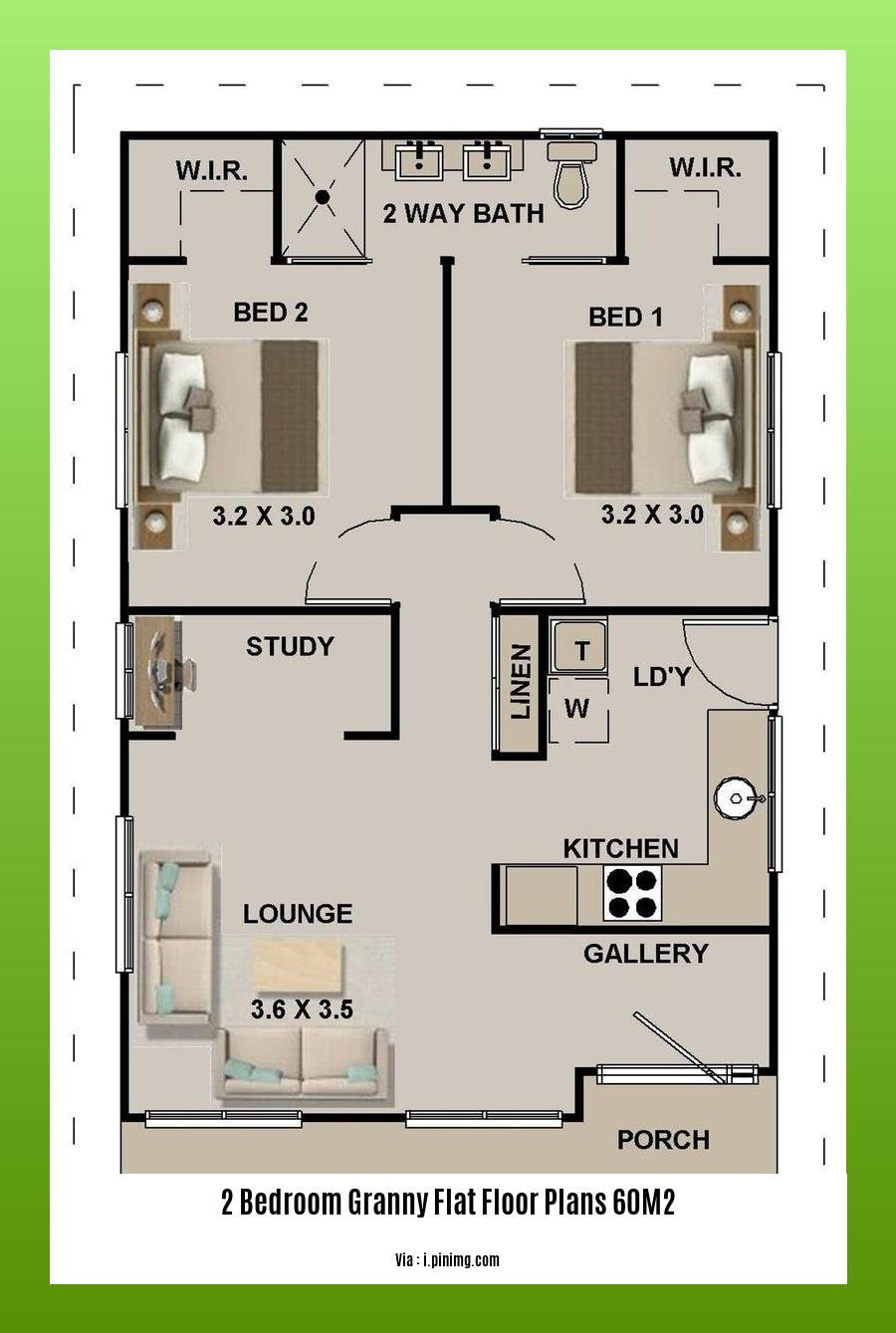 2 bedroom granny flat floor plans 60m2