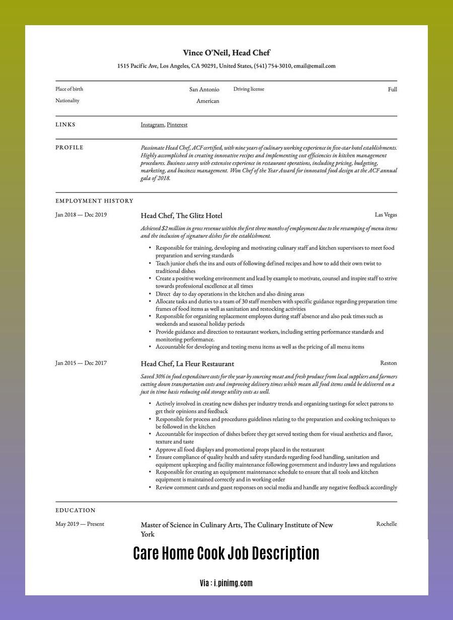 care home cook job description