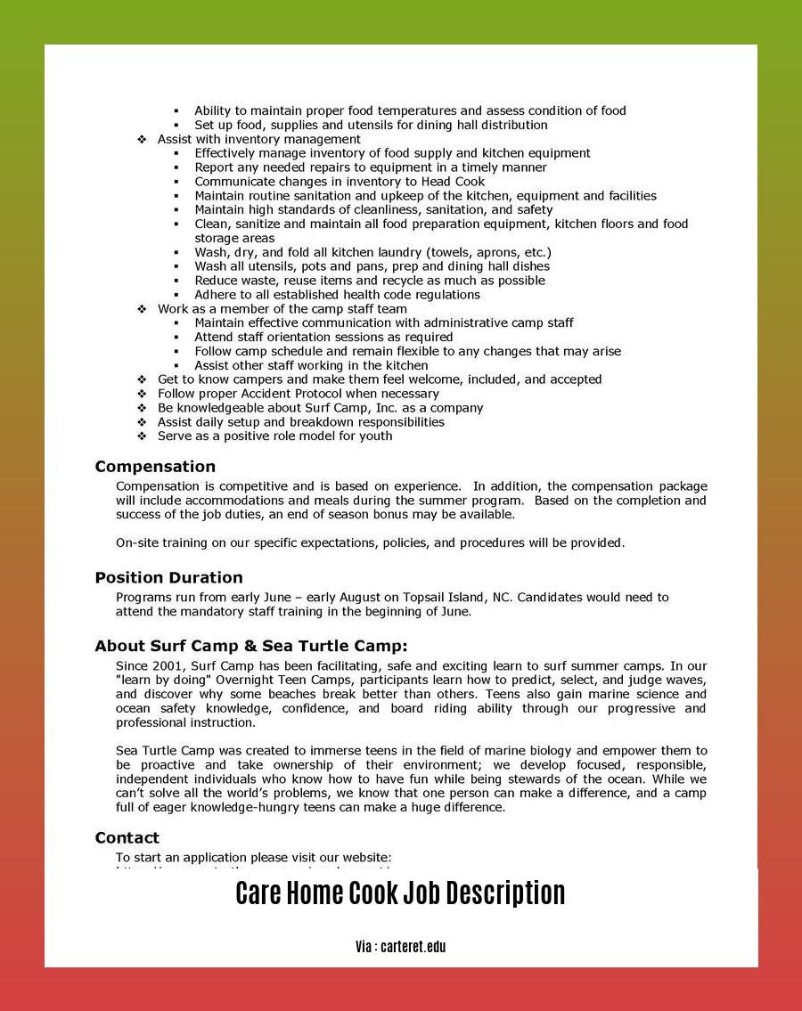 care home cook job description