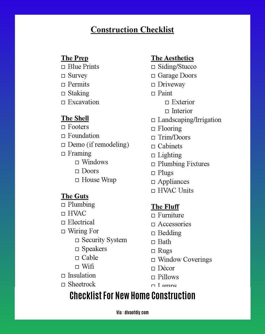 checklist for new home construction
