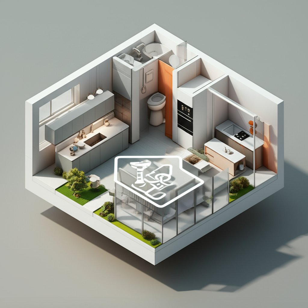 Modern bathroom-kitchen design with sleek fixtures and open concept layout.