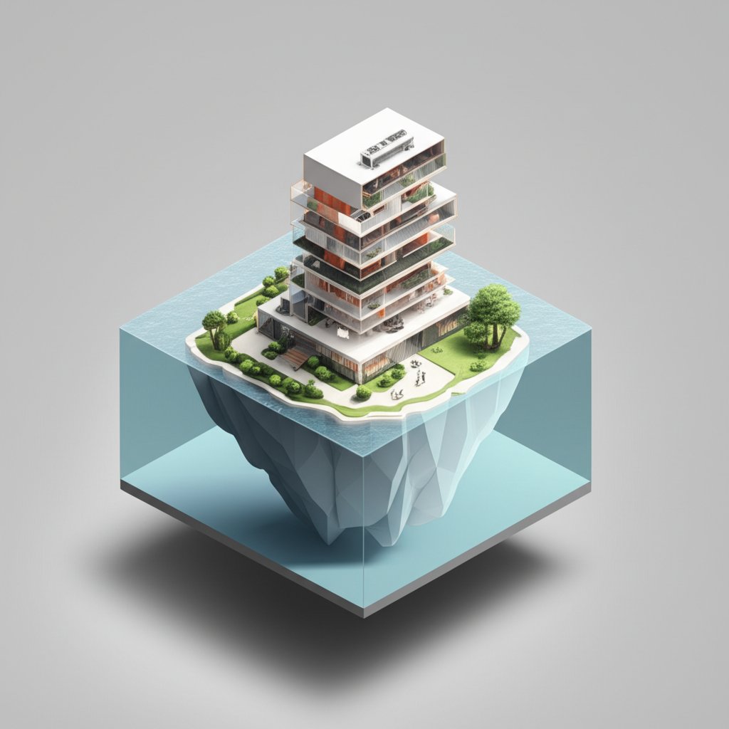 Hidden costs concept: iceberg with visible & submerged expenses, budget awareness.