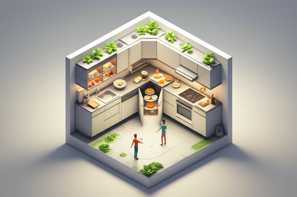 Maximize kitchen corner space: Functional zones for efficient cooking and storage.