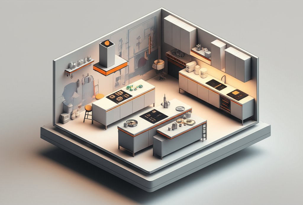 Double kitchen island: spacious design, modern cabinets, and elegant countertops.