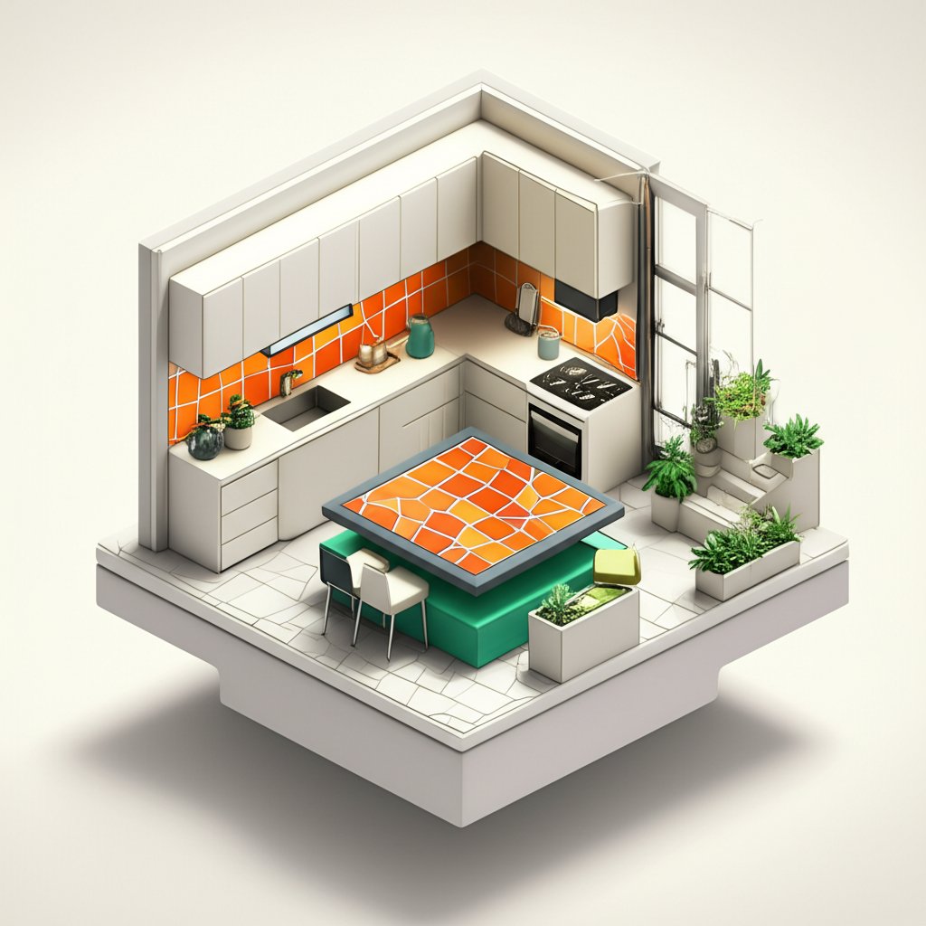 Glass mosaic tile backsplash adds stylish design to kitchen.