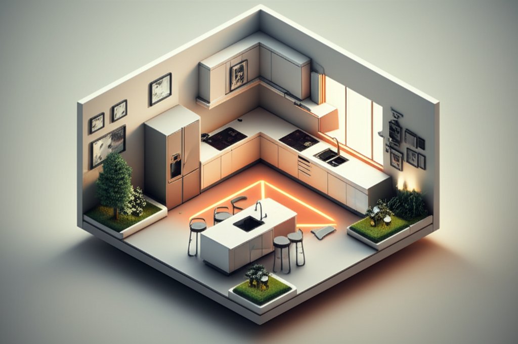 Efficient kitchen island design with work triangle: sink, stove, fridge placement.