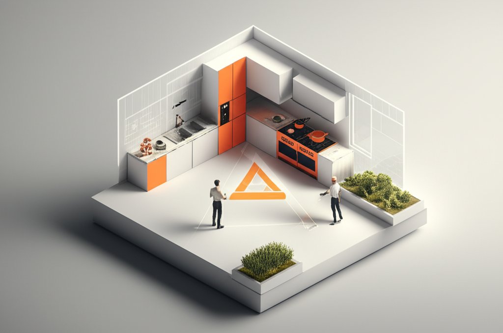 Efficient kitchen work triangle connecting sink, stove, and refrigerator for optimal workflow.