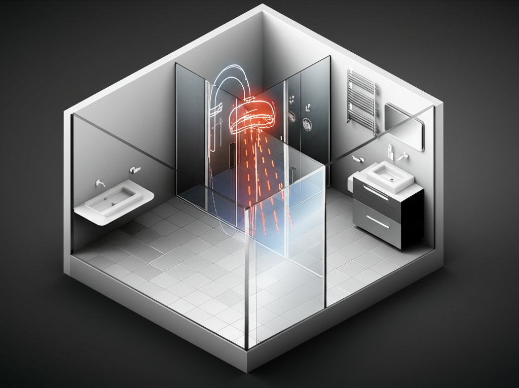 Color-changing LED shower light enhances modern bathroom design and experience.
