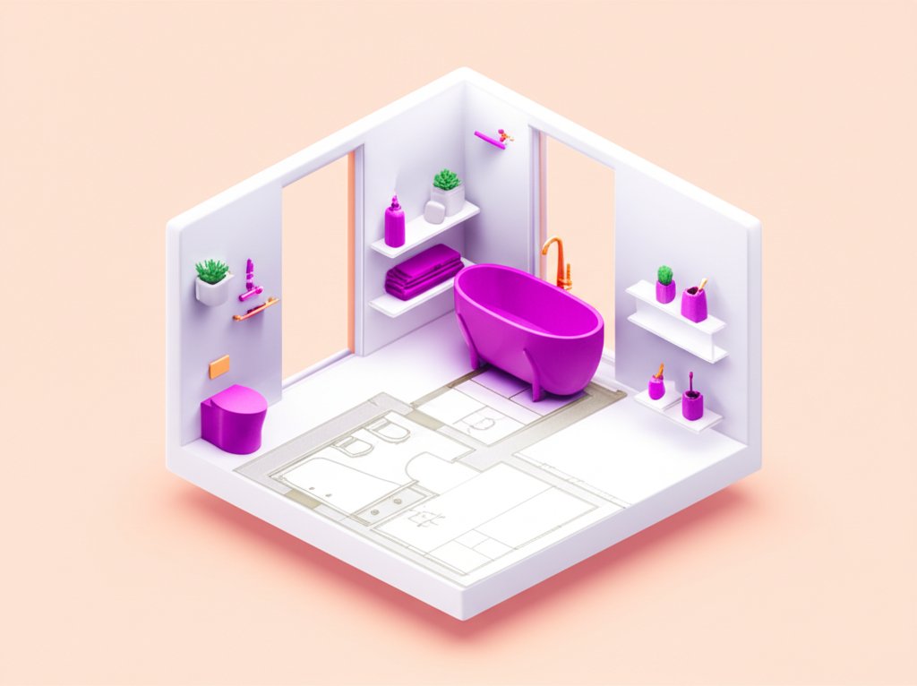 Purple bathroom accessories: soap dispenser, toothbrush holder, and bath mat.