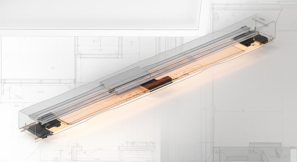 Detailed diagram of a modern long linear ceiling light fixture's internal components.